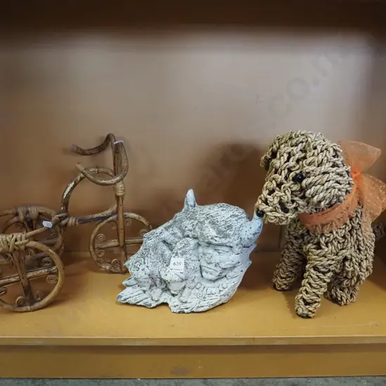 bambo plant stand, garden ornaments, woven cane dog