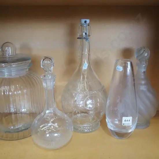 large glass storage canister, stopperd bottles, etched vase