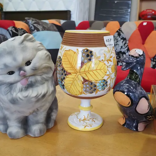 cat  and duck figurines, Italian footed vase