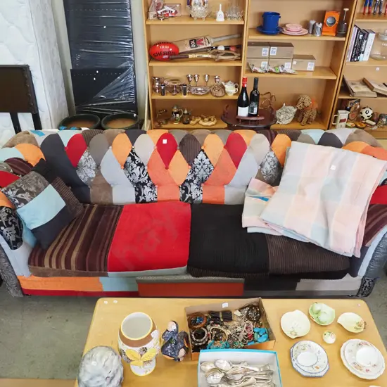 deep buttoned patchwork rolled arm 3 seater settee