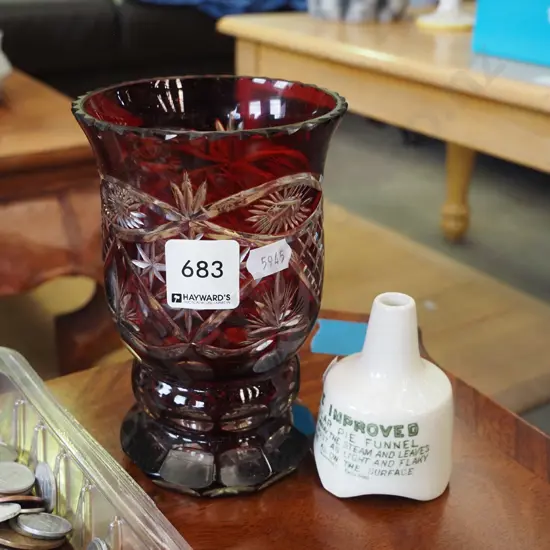 cut ruby glass vase, pie funnel