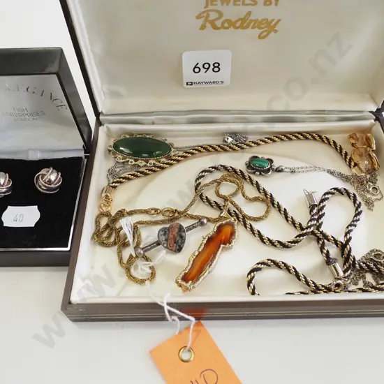silver earrings, box of pendants and necklaces