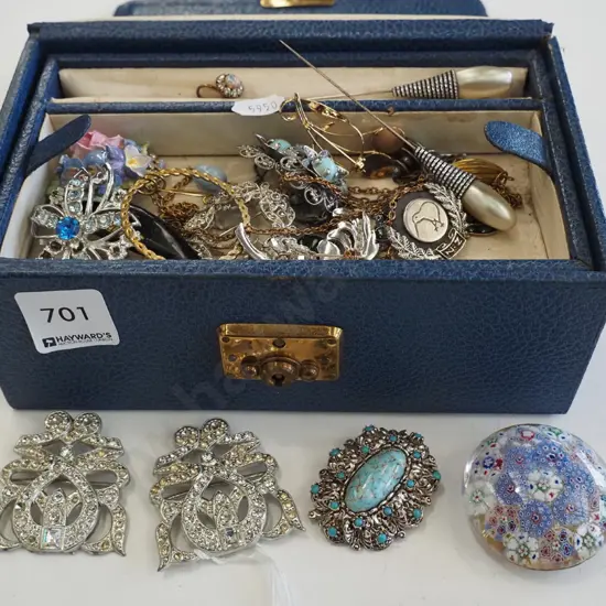 jewellery box and contents, glass paper weight etc