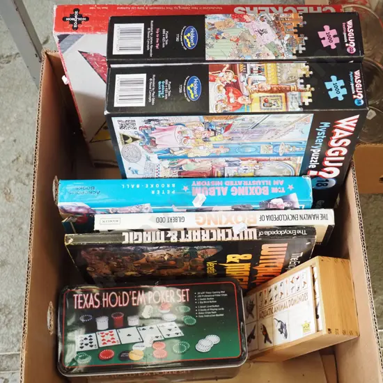 box; puzzles, games, books