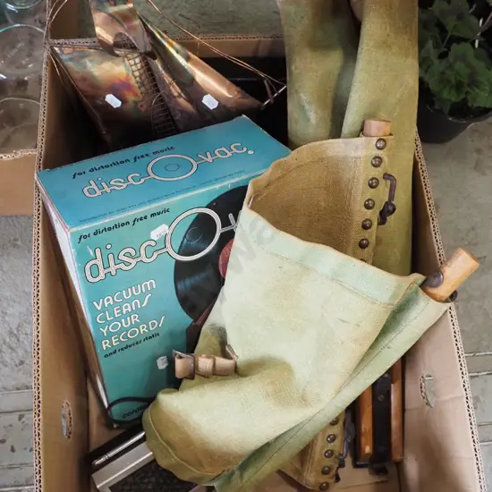 box; record cleaner, metal galleon ornament, collapsable canvas seat