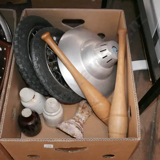 box; aluminium light shades, jugs, wheels etc