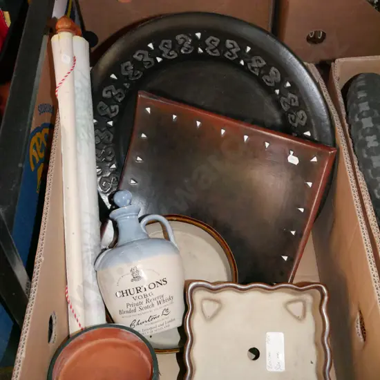 2x serving trays, whisky bottle, bonsai planters etc