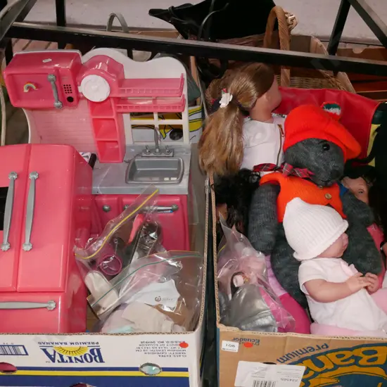 2x boxes of childrens toys, satchel etc - red dots