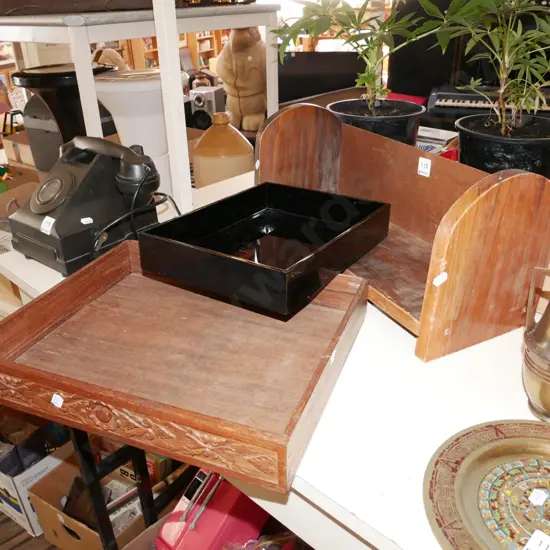 small wooden bookcase, black plastic tray, small carved wooden drawer