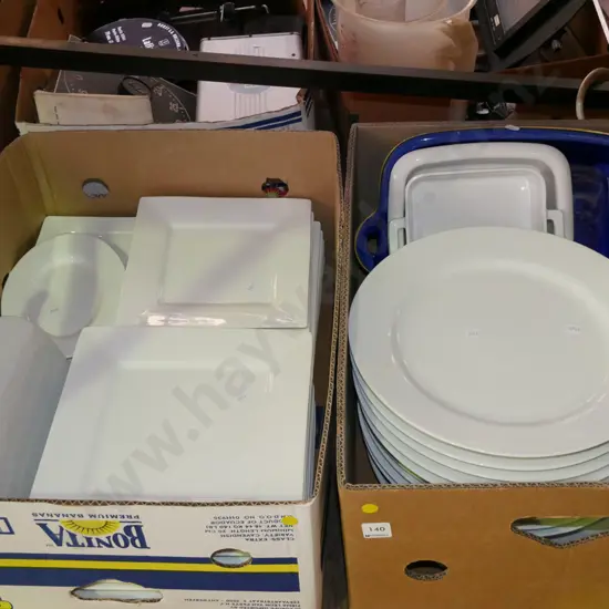2x boxes of white china plates, cake stand, Temuka dish etc - yellow dots