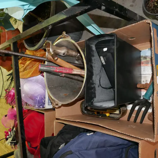 box; paper shredder, battered pail, hand tools etc