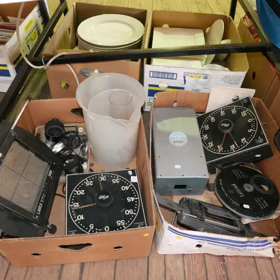2x boxes of camera lenses, dark room equipment, etc. - yellow dots