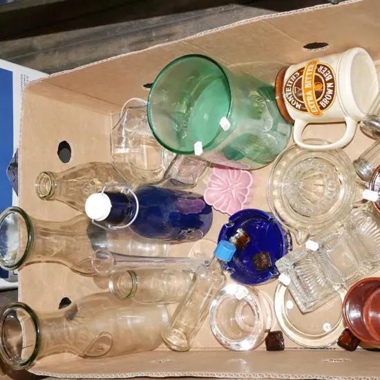 box; glass storage jars, carafes etc