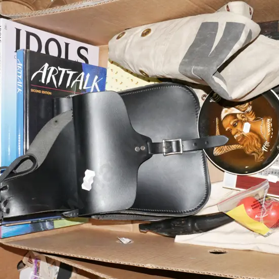 box; plate, money bags, as-new leather panniers etc
