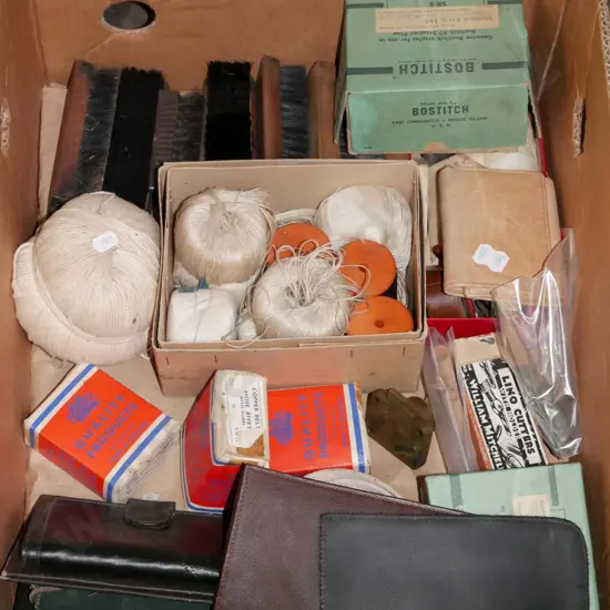 box; string, wallets, shoe brushes, staples etc