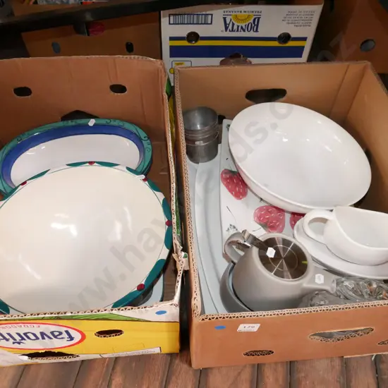 2x boxes; large Temuka plate, fruit bowls, tea for one, gravy boat etc - blue dots