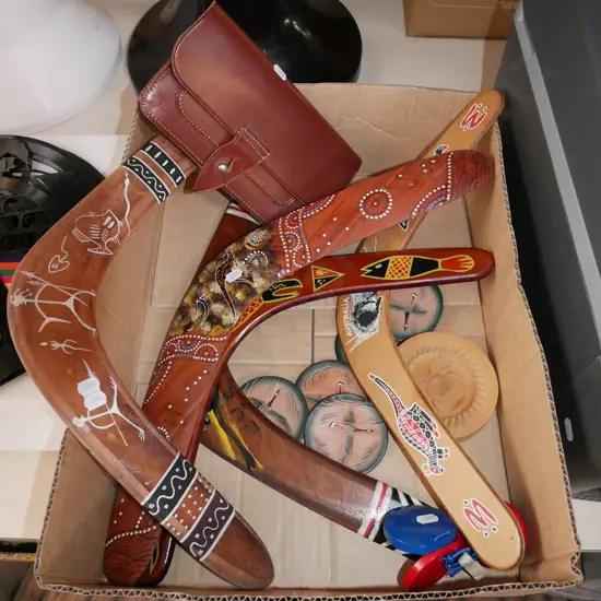 leather bicycle handle bar bag, boomerangs, maracas etc