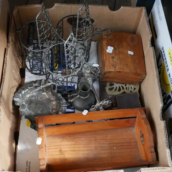 box; wine rack, plated basket, wooden fruit bowl etc