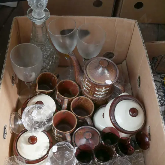 box; glasses, coffee set, decanter etc