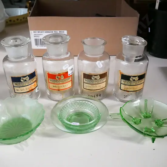 3x depression glass bowls, 4x chemist jars - 1 has no lid