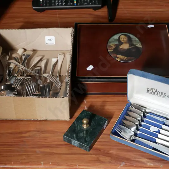 cutlery, green stone paperweight, Mona Lisa themed jewellery box