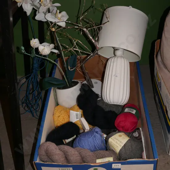 box; table lamp, illuminated tree ornament, kit yarn etc