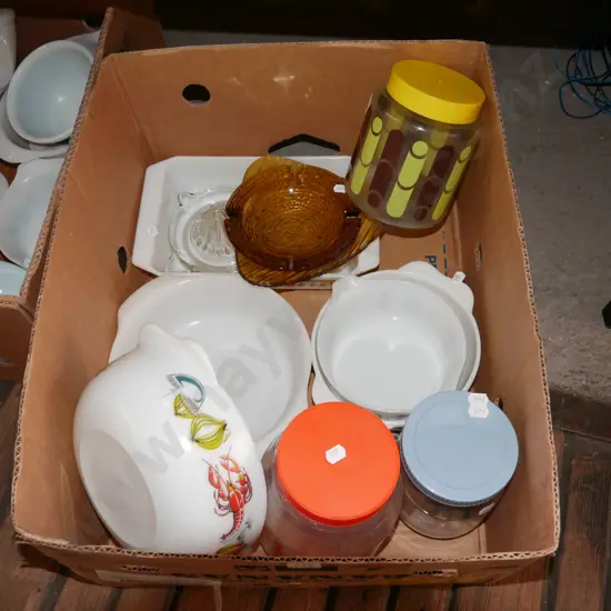 box; retro baking dishes, ashtrays, storage canisters