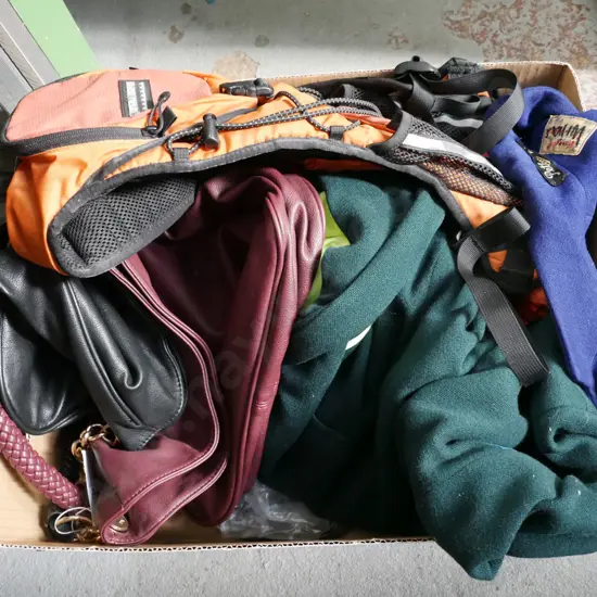 box of various clothes; blazers, hi-vis T shirts, Kathmandu backpack, hand bags