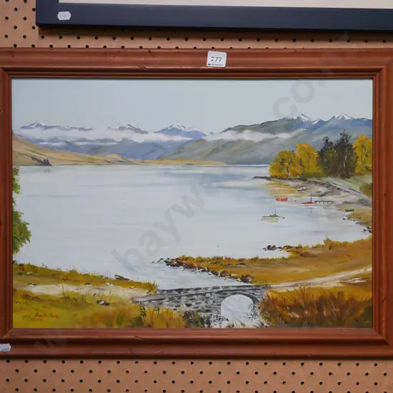 framed oil - lake and mountain scene