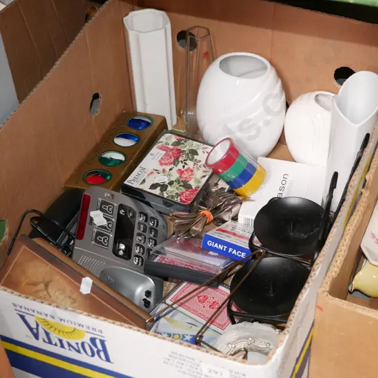 box; vases, playing cards etc