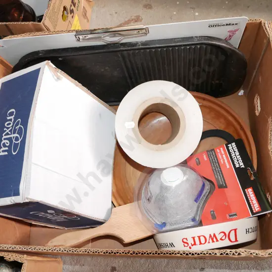 box; envelopes, wooden bowl, butter pats etc