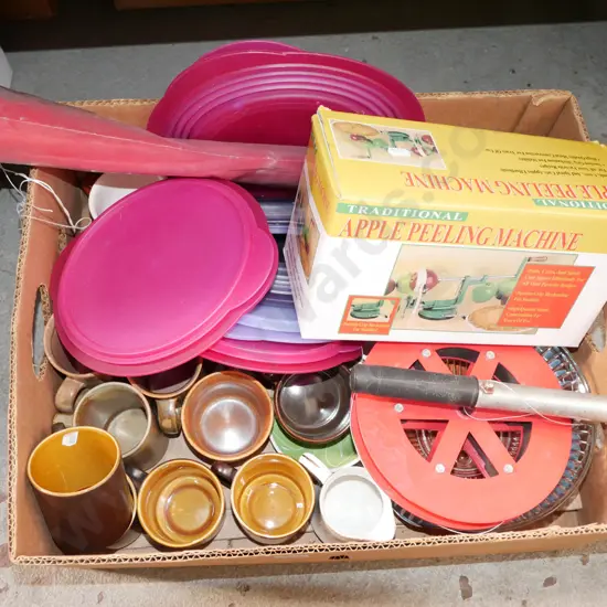 box; tupperware lids, apple peeling machine, kite etc