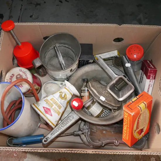 box; vintage items, mouli, flour sifter, thermometer etc
