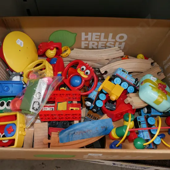 box; wooden Thomas the Tank Engine tracks etc