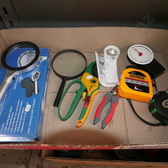 box; magnifying glasses, secateurs etc