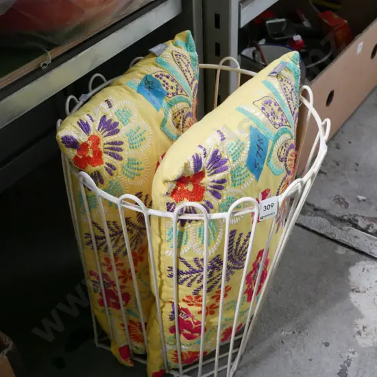 metal and plastic basket, 2 cushions