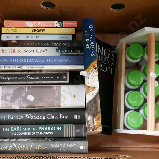 box; books, wooden basket and canisters