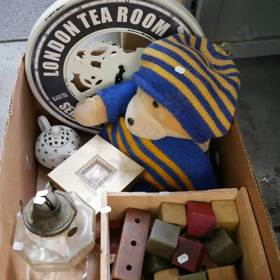 box; teddy bear, clock, wooden blocks etc