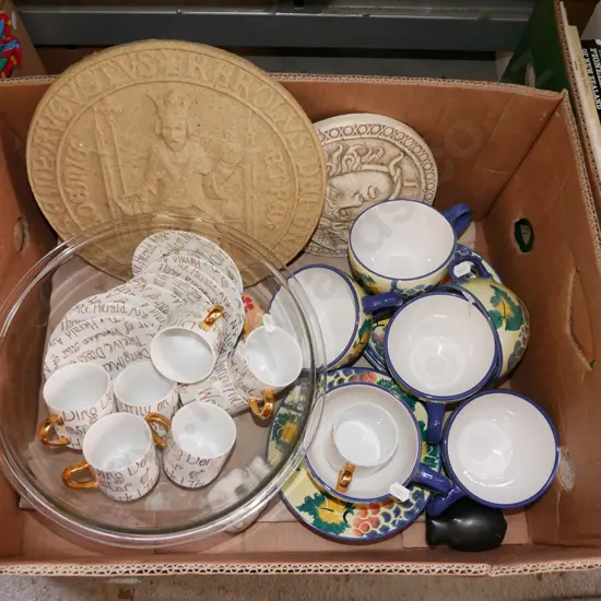 box; wall plaques, Temuka cups, saucers, glass bowl etc