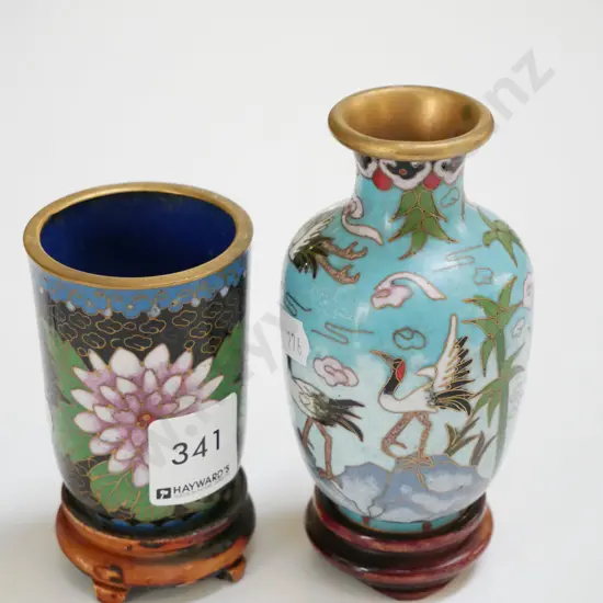 2x cloisonne vases and stand