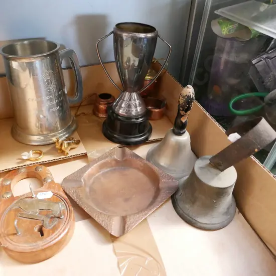 box; bells, trophy, copper items etc