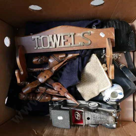 box; model vehicle, purses, hand bags, wooden figurines etc