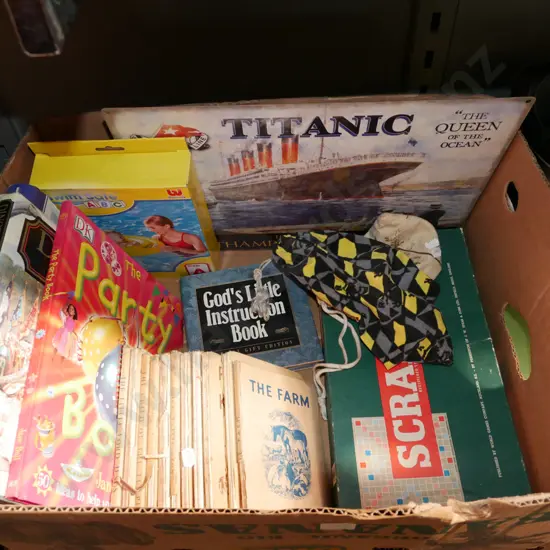 box; board games, Titanic print on tin, vintage children's books etc