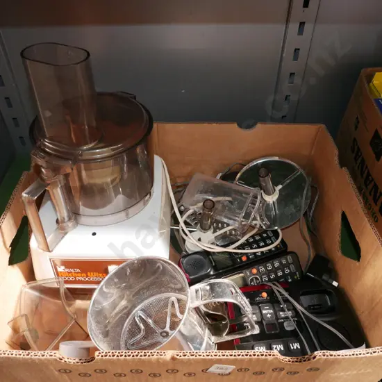 box; kitchen whiz, flour sifter, portable phones