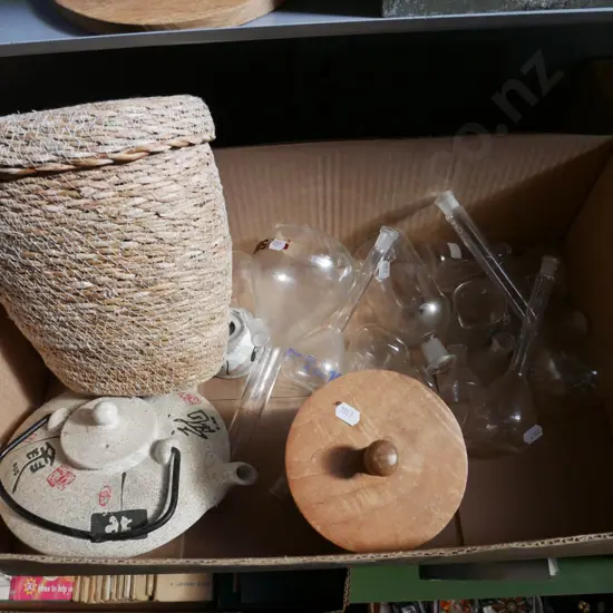 box; lidded canister, lab glass ware etc