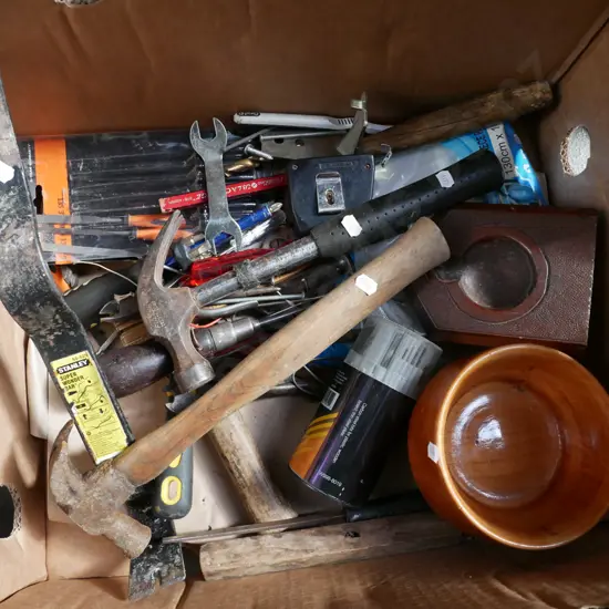 box; various tools, hammers, screwdrivers etc