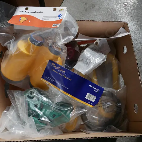 heavy duty plastic playground equipment; handles, binoculars, rock climbing holds etc