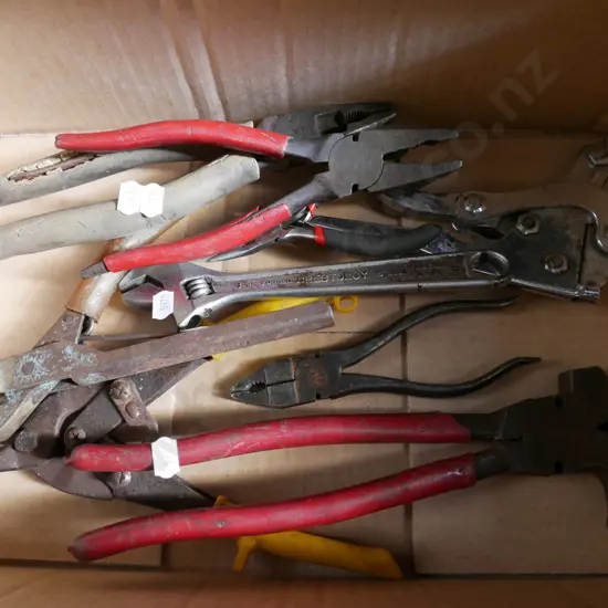 box of hand tools; pliers, tin snips etc