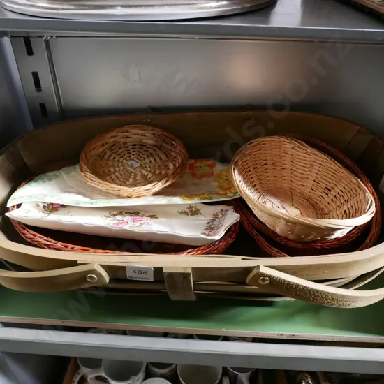 wooden trug, cane baskets, 2x sandwich plates