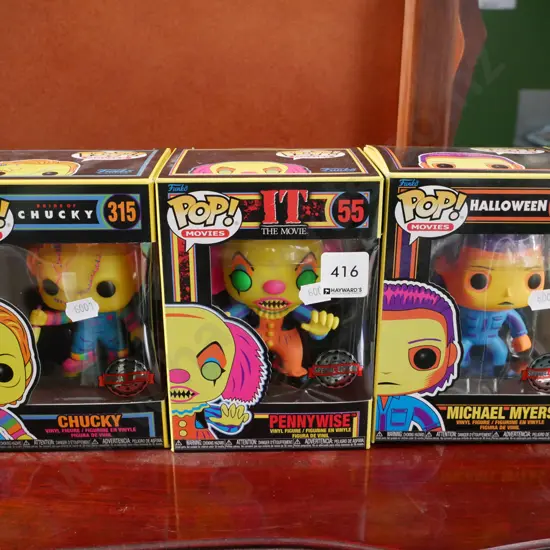 3x Pop Movies figurines; Chucky, Pennywise, Michael Myers